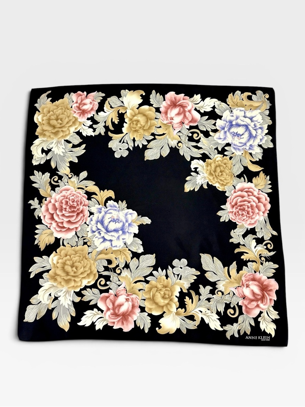 Anne Klein Silk Square Scarf Black with Floral Chrysanthemums Print Korea